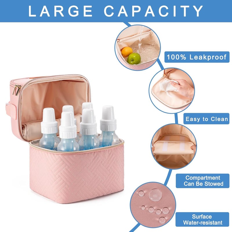 Docami Breastmilk Cooler Bag with Ice Pack & Mat Fit 6 Bottles Up to 9 Ounce, Breast Milk Pump Cooler Bag for Moms Daycare,Work&Travel, Pink - Image 3